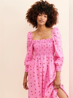Anthropologie Cras Pink Strawberry Print Smocked Midi Dress size small